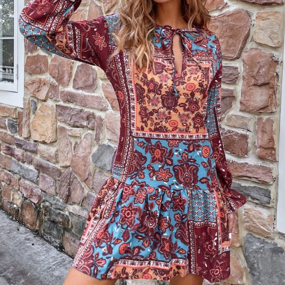 keyhole neck tie floral print ruffle boho dress - Picture 3 of 6